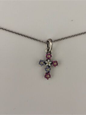 James Avery Sterling Cross Pendant with Pink, Purple & White Floral Accents